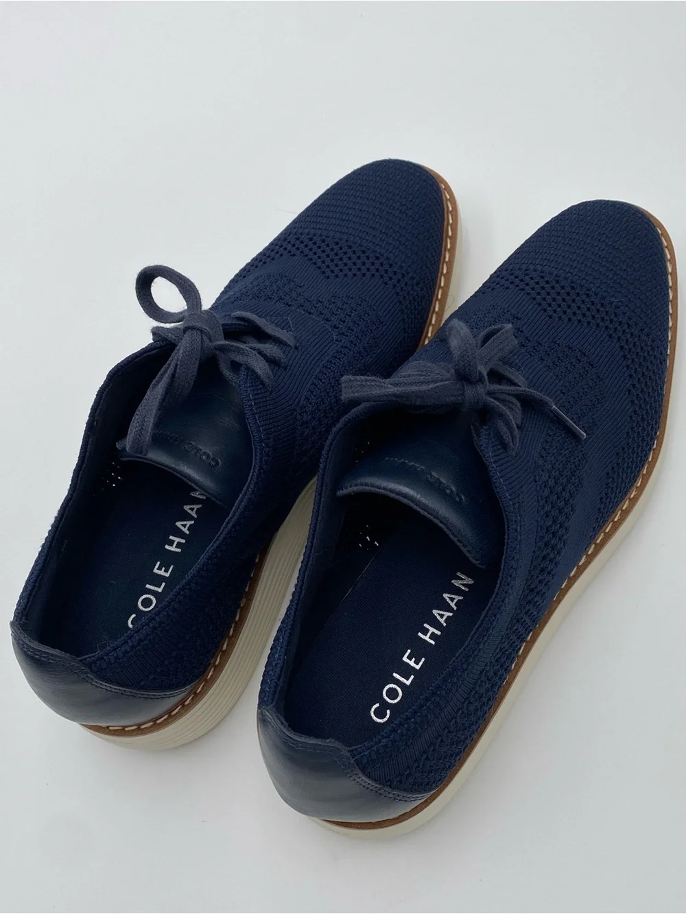Cole Haan Navy Knit Lace-Up Oxfords with Tan Trim